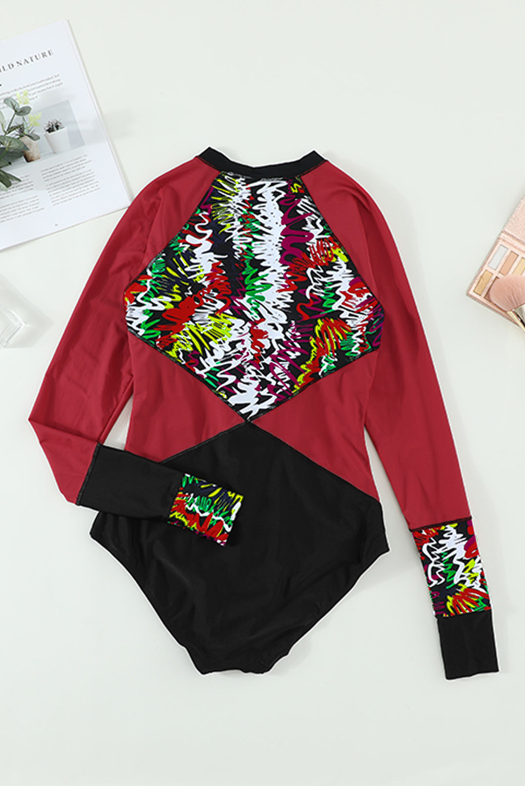 Traje de baño de una pieza Rashguard con patchwork a rayas florales