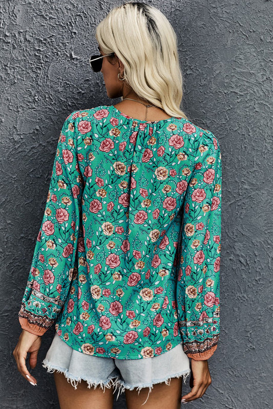 V Cut Neck Floral Lantern Sleeve Blouse