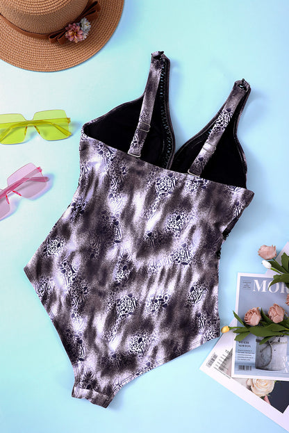 Maillot de bain une pièce plongeant à imprimé floral et treillis 