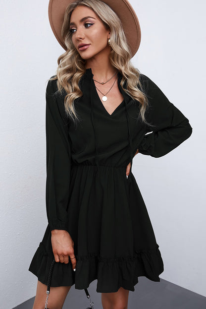 Khaki Bubble Sleeve Split Neck Ruffle Tunic Dress