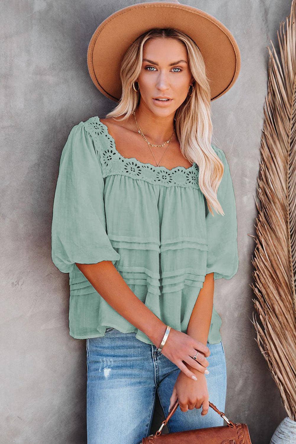 Beige Puff Sleeve Eyelet Babydoll Blouse - HannaBanna Clothing