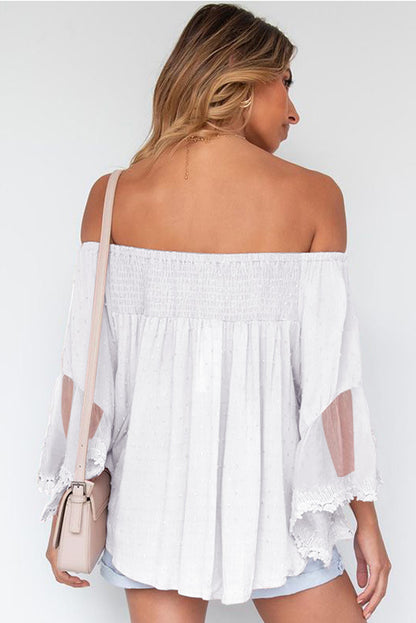 Blusa con volantes de patchwork transparente con hombros descubiertos