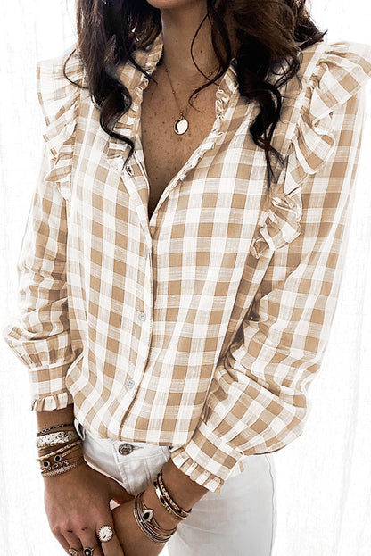 Plaid Print Ruffled Buttoned Shirt
