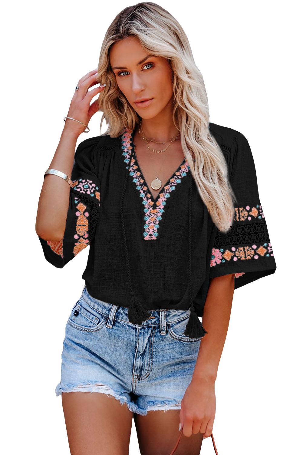 Beige Tassel Drawstring Embroidered Half Sleeve V Neck Top - HannaBanna Clothing