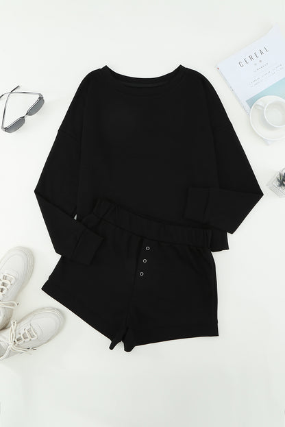 Ensemble deux pièces haut à manches tombantes et short en tricot côtelé gris