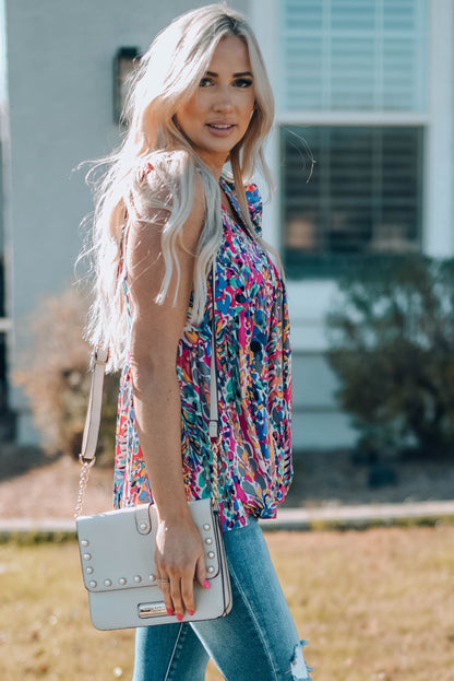 Camiseta sin mangas con cuello en V y volantes con estampado bohemio