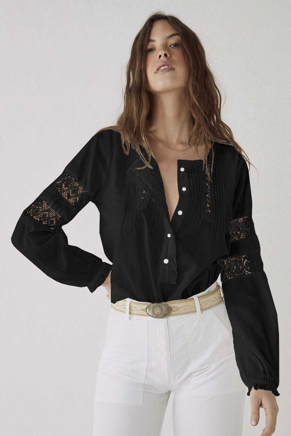 Chemise boutonnée à manches longues en dentelle et crochet 