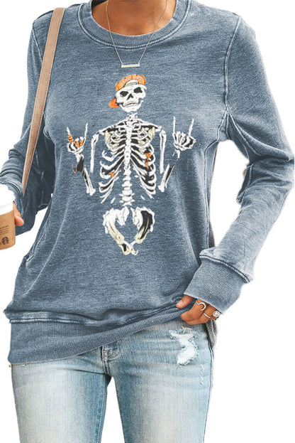 Funny Skeleton Print Round Neck Halloween Sweatshirt
