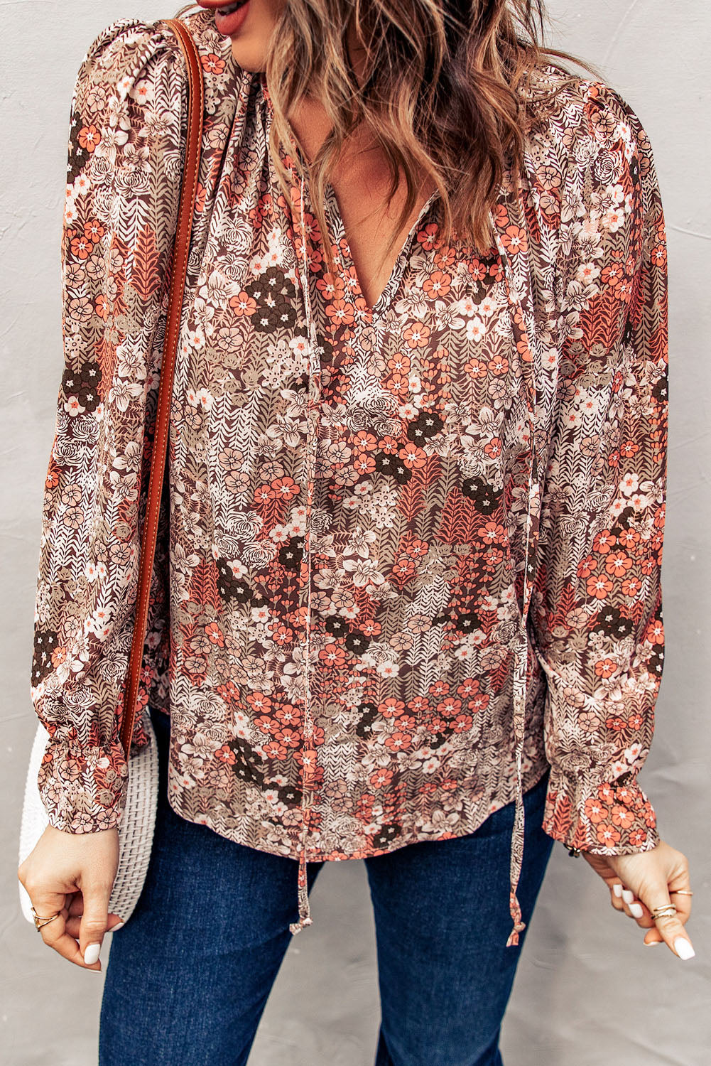Floral Print Drawstring Long Bell Sleeve Blouse