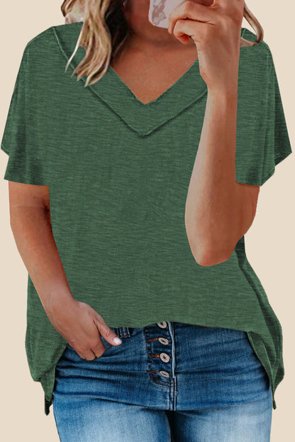 Haut oversize à manches courtes et col en V en mélange de coton délavé minéral 