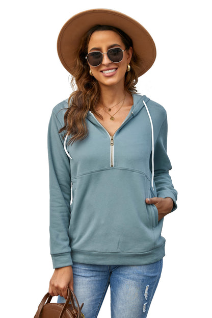 Sweat à capuche à manches longues et demi-fermeture éclair avec poche 