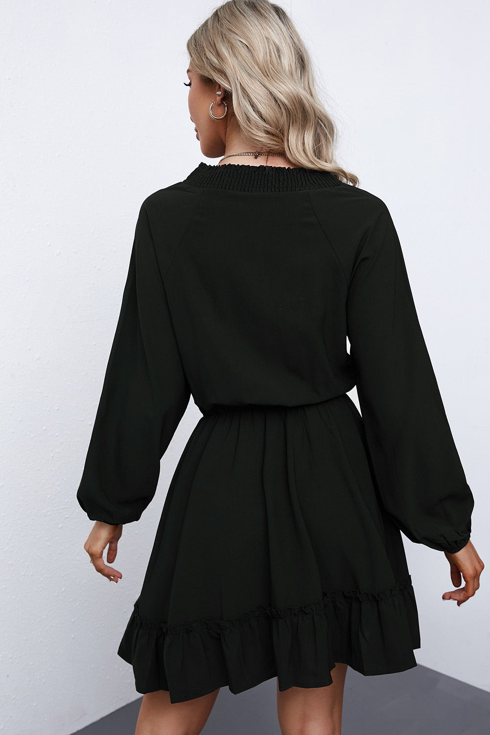 Khaki Bubble Sleeve Split Neck Ruffle Tunic Dress