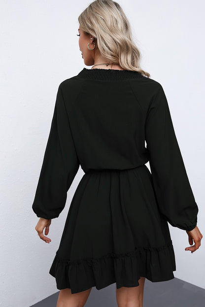 Khaki Bubble Sleeve Split Neck Ruffle Tunic Dress