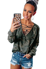 Hollow-out V Neck Camouflage Blouse