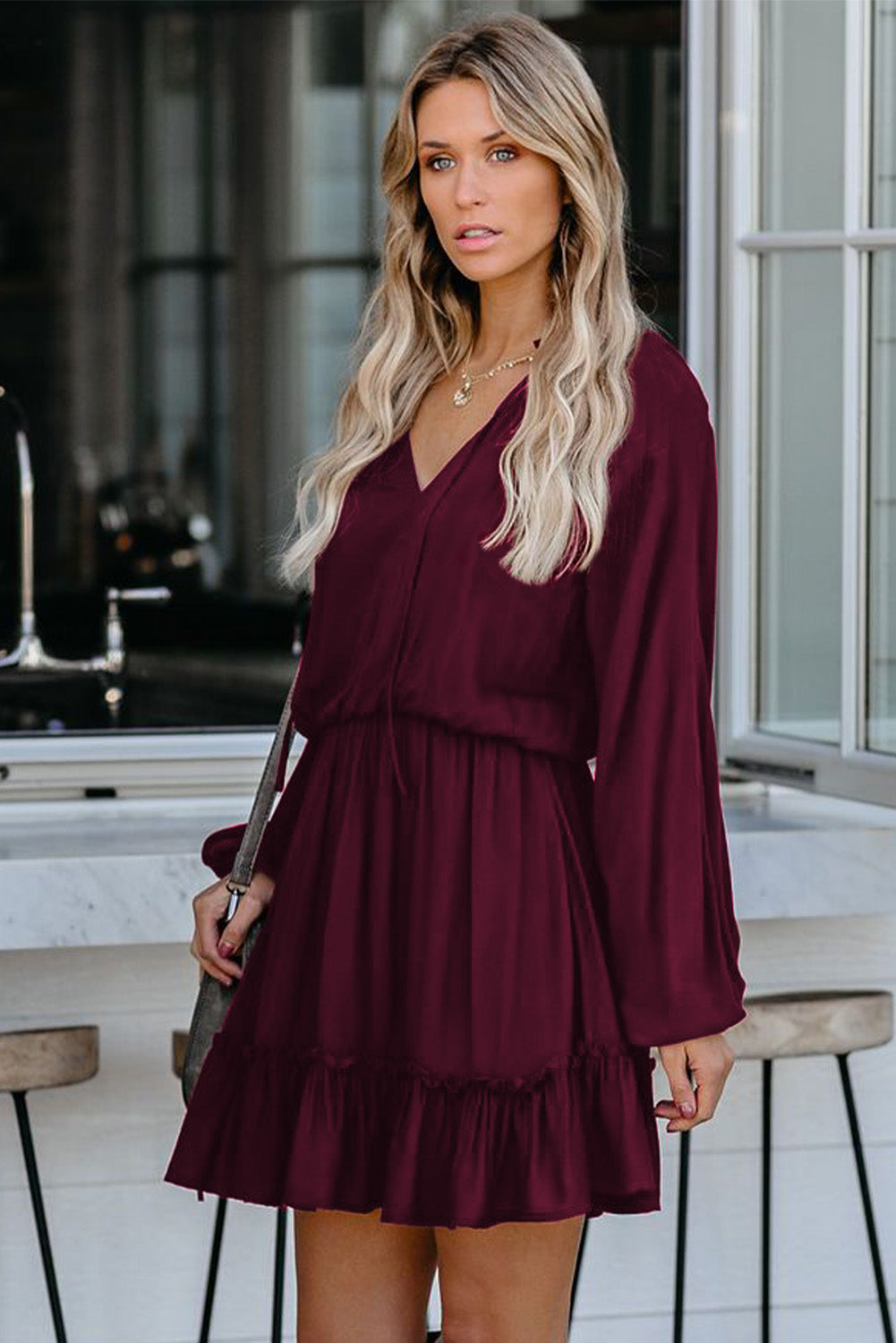 Khaki Bubble Sleeve Split Neck Ruffle Tunic Dress