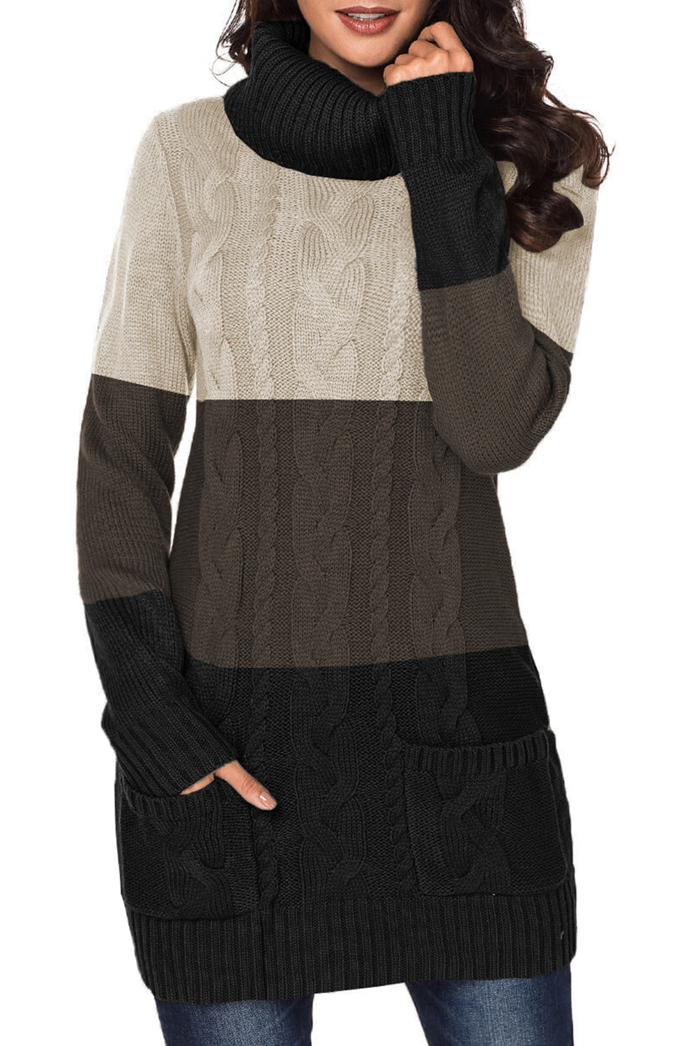 Vestido estilo jersey de punto trenzado con cuello vuelto y bloques de colores