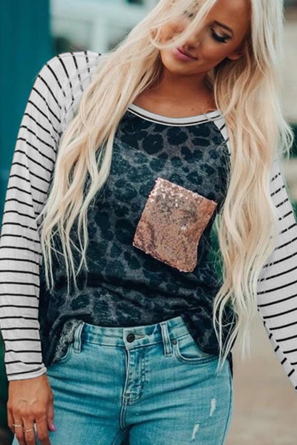 Top de manga a rayas con panel de leopardo negro con bolsillo de lentejuelas