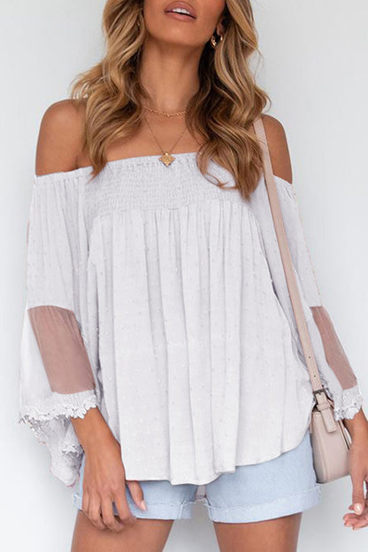 Blusa con volantes de patchwork transparente con hombros descubiertos