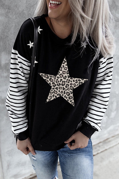 Striped Star Print Patchwork Long Sleeve Top