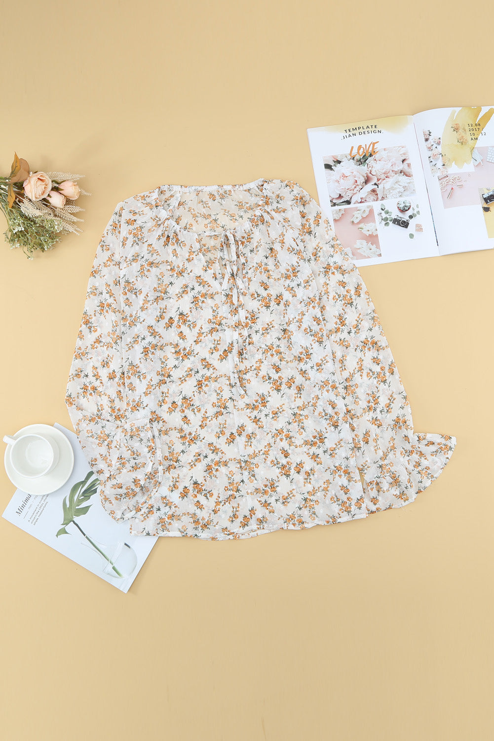 Floral Print Drawstring Long Bell Sleeve Blouse