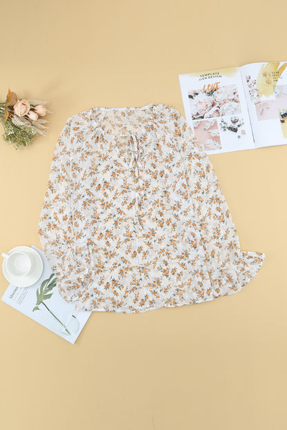 Floral Print Drawstring Long Bell Sleeve Blouse