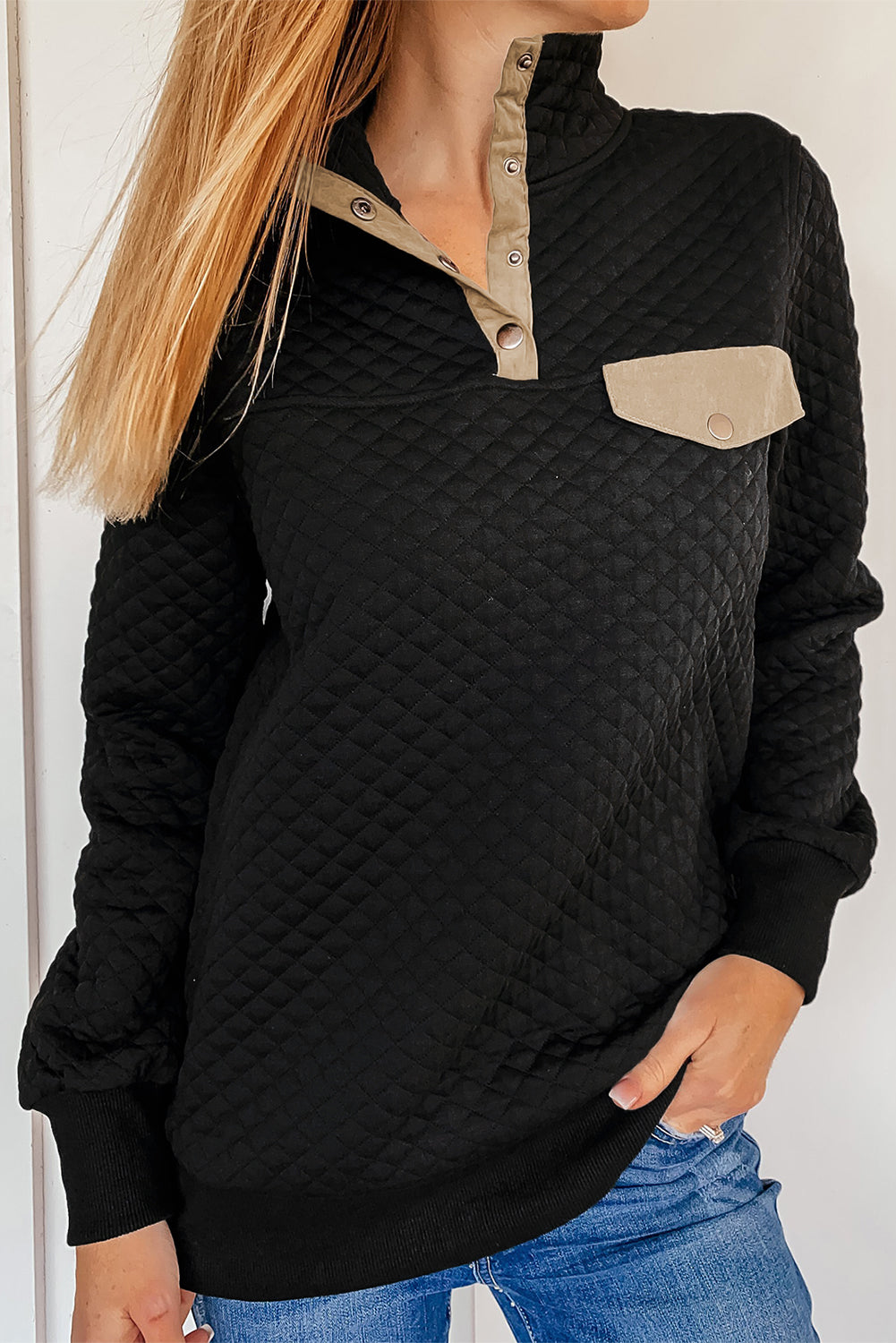 Dark Gray Quilted Snaps Stand Neck Sweatshirt with Fake Front Pocket