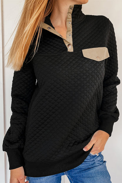 Dark Gray Quilted Snaps Stand Neck Sweatshirt with Fake Front Pocket