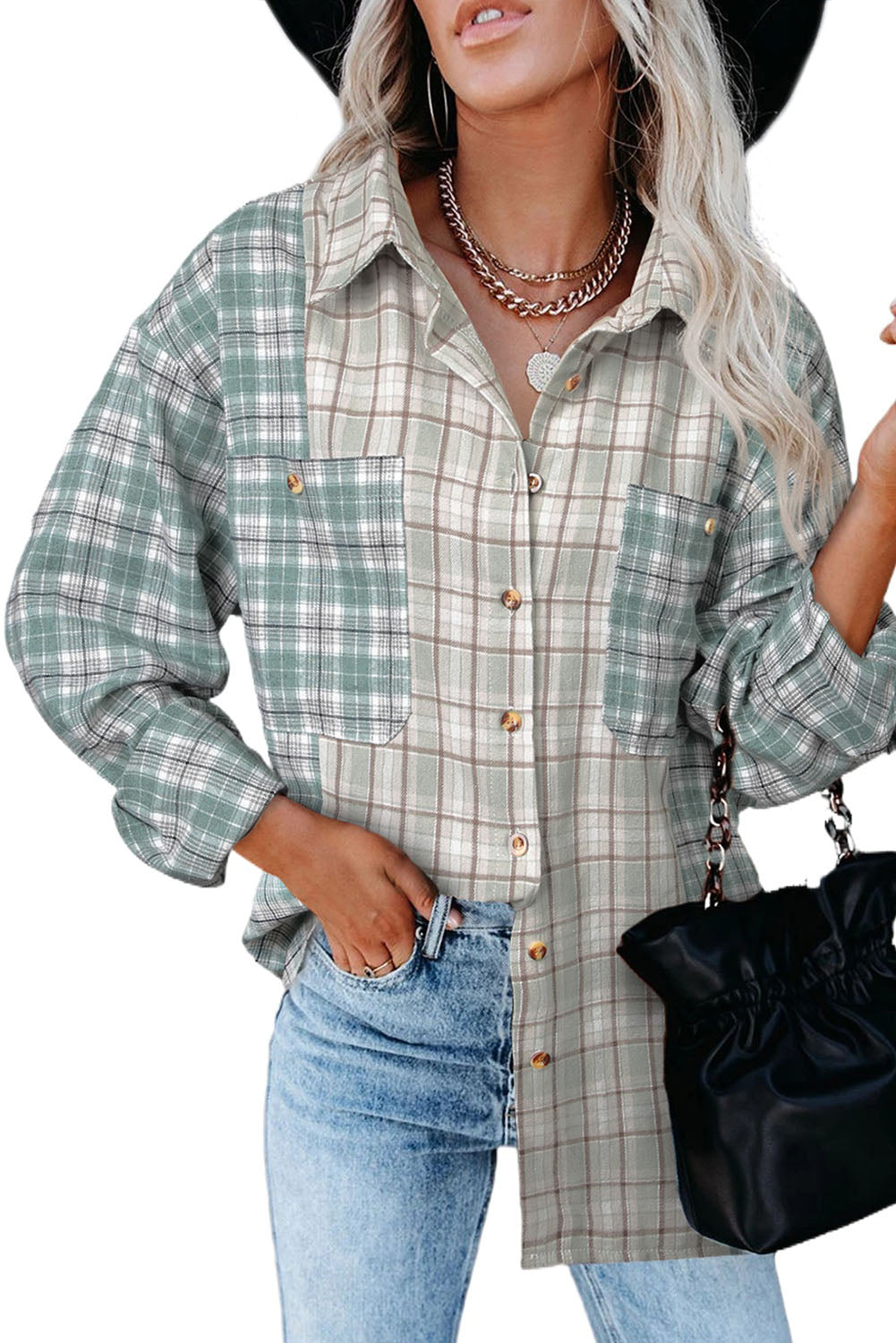 Chemise à manches longues boutonnée à carreaux et blocs de couleurs