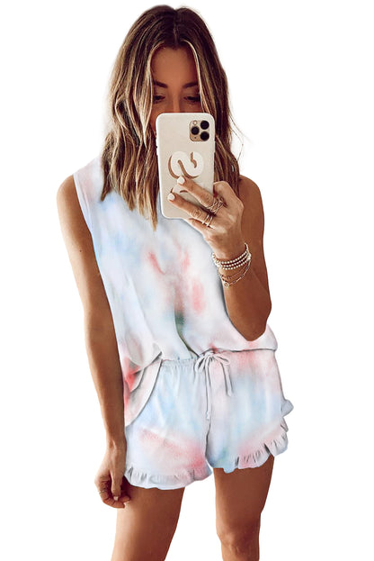 Débardeur bleu clair et short à volants 