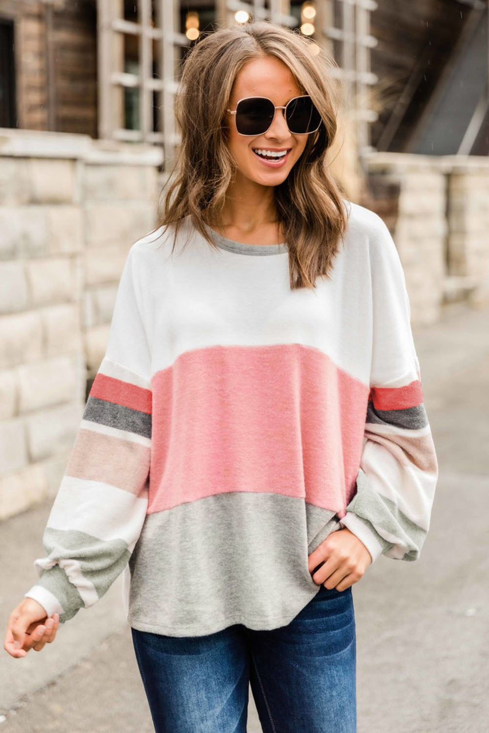 Oversized Colorblock Patchwork Long Sleeve Top