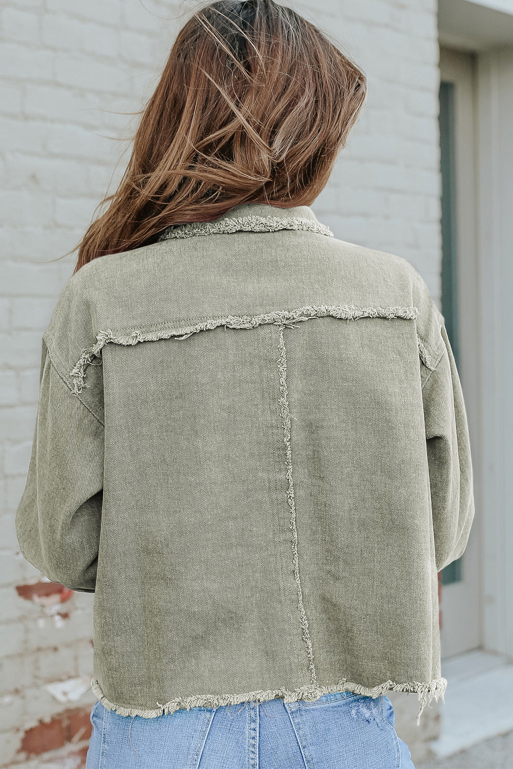 Distressed Flap Pockets Frayed Hemline Denim Jacket