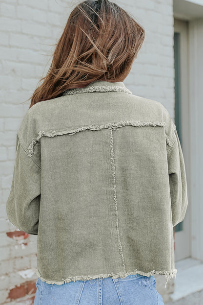 Distressed Flap Pockets Frayed Hemline Denim Jacket