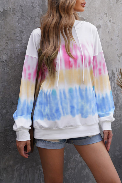 Multicolor Colorblock Tie-dye Drawstring Pullover Hoodie
