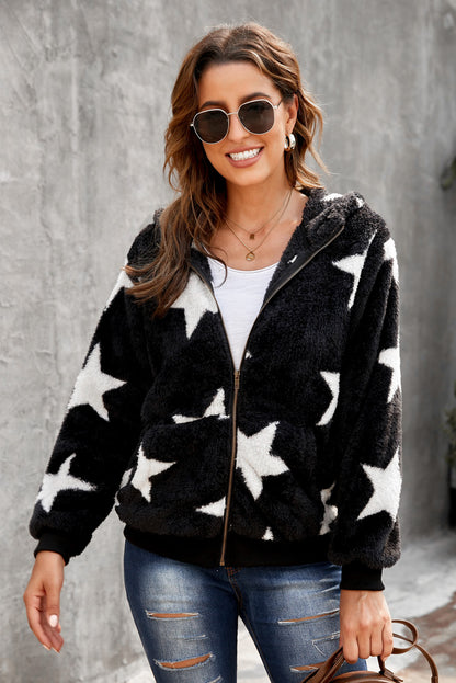 Manteau polaire à capuche et poches zippées à imprimé camouflage 