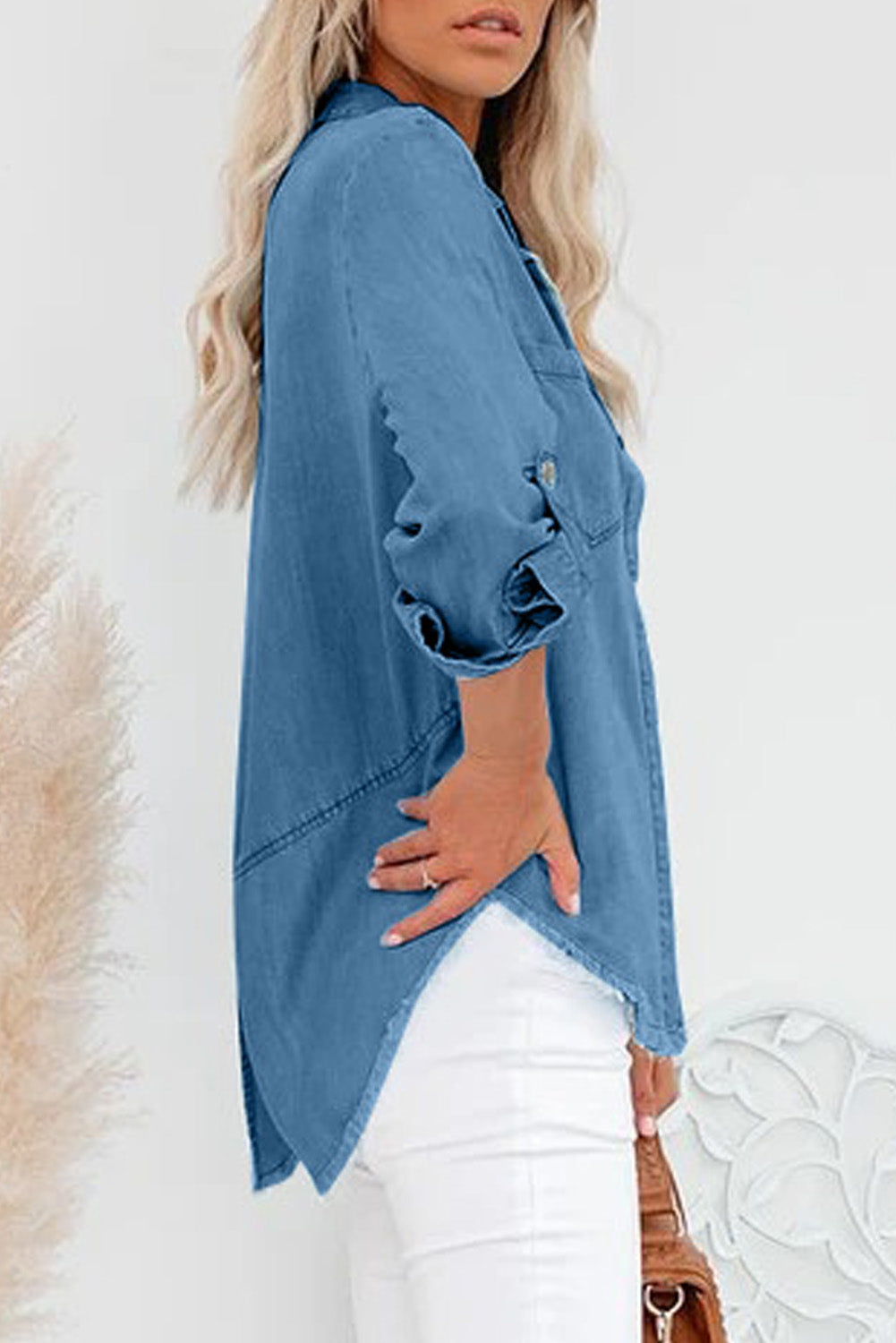 Chemise en jean à manches longues et ourlet effiloché 