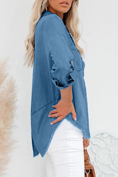 Chemise en jean à manches longues et ourlet effiloché 