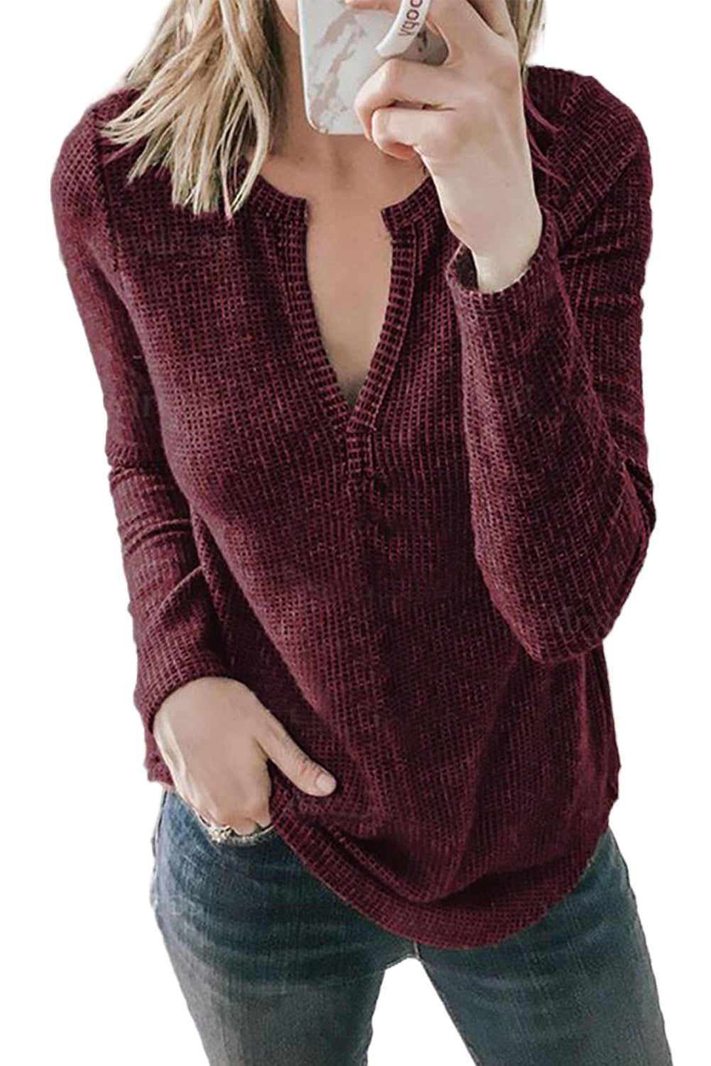 V Neck Cotton Blend Long Sleeve Top