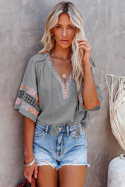 Beige Tassel Drawstring Embroidered Half Sleeve V Neck Top - HannaBanna Clothing