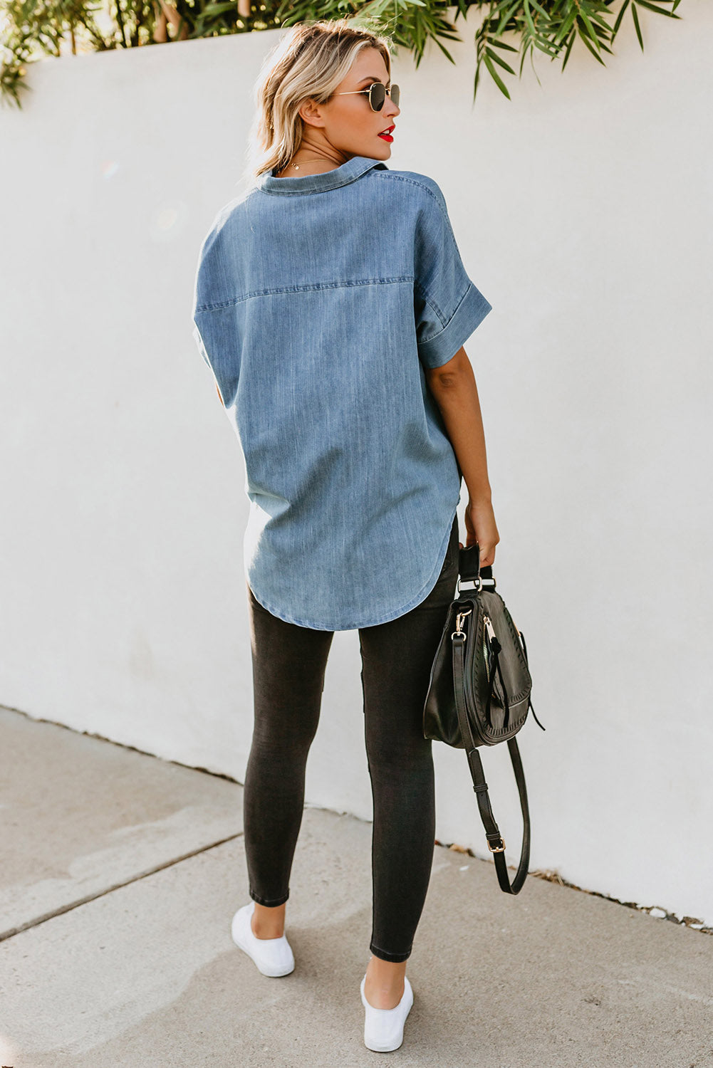 Chemise en jean à manches courtes et col rabattu 