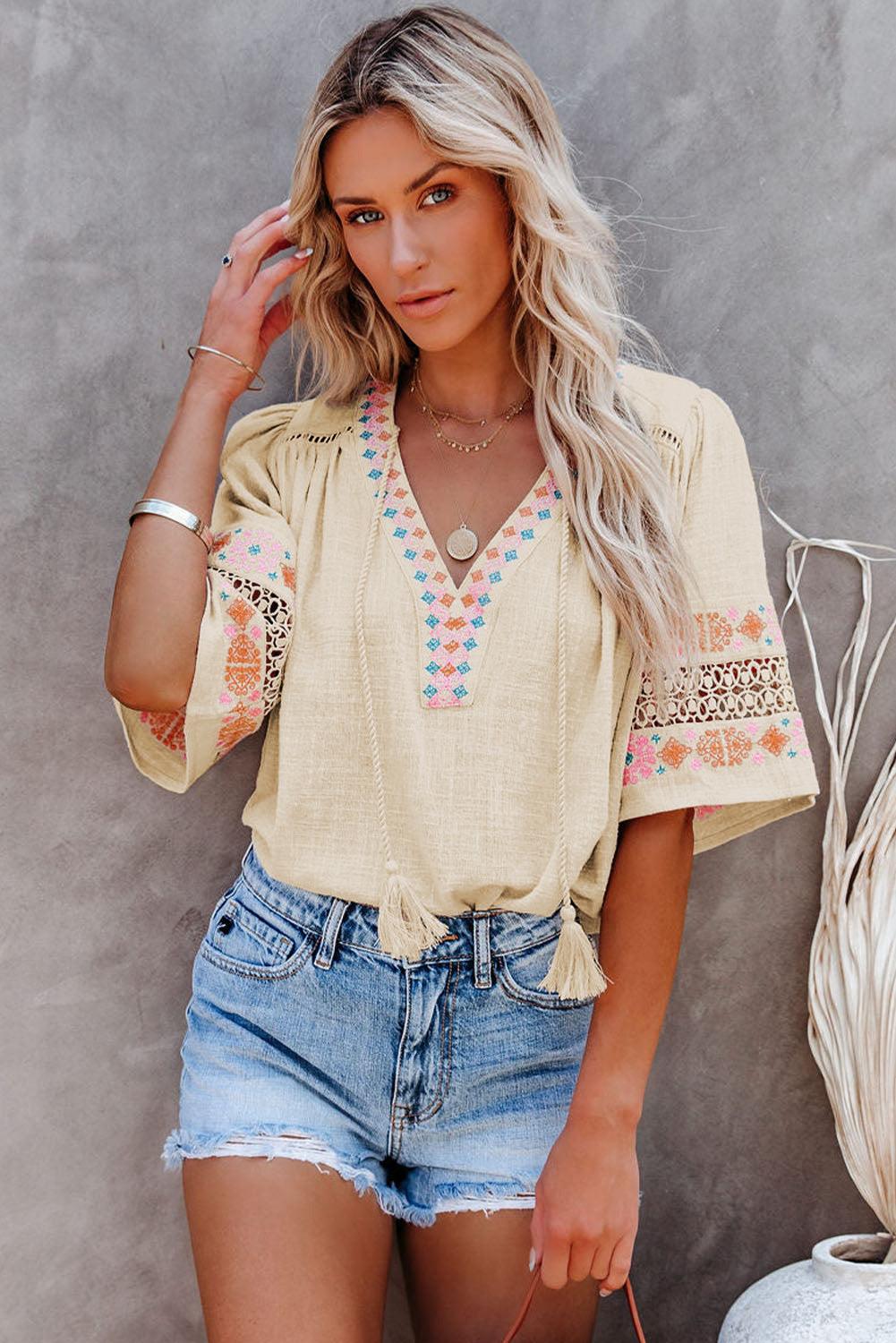 Beige Tassel Drawstring Embroidered Half Sleeve V Neck Top - HannaBanna Clothing