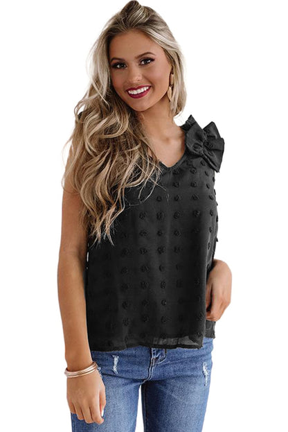 Top sin mangas de tejido Swiss Dot con tirantes con volantes 