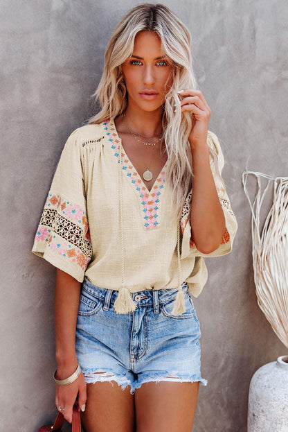 Beige Tassel Drawstring Embroidered Half Sleeve V Neck Top - HannaBanna Clothing