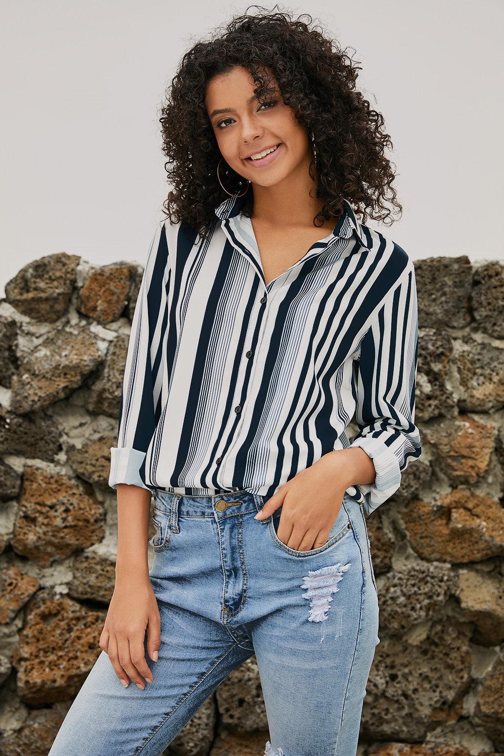Blue Striped Modern Women Shirt - HannaBanna Clothing