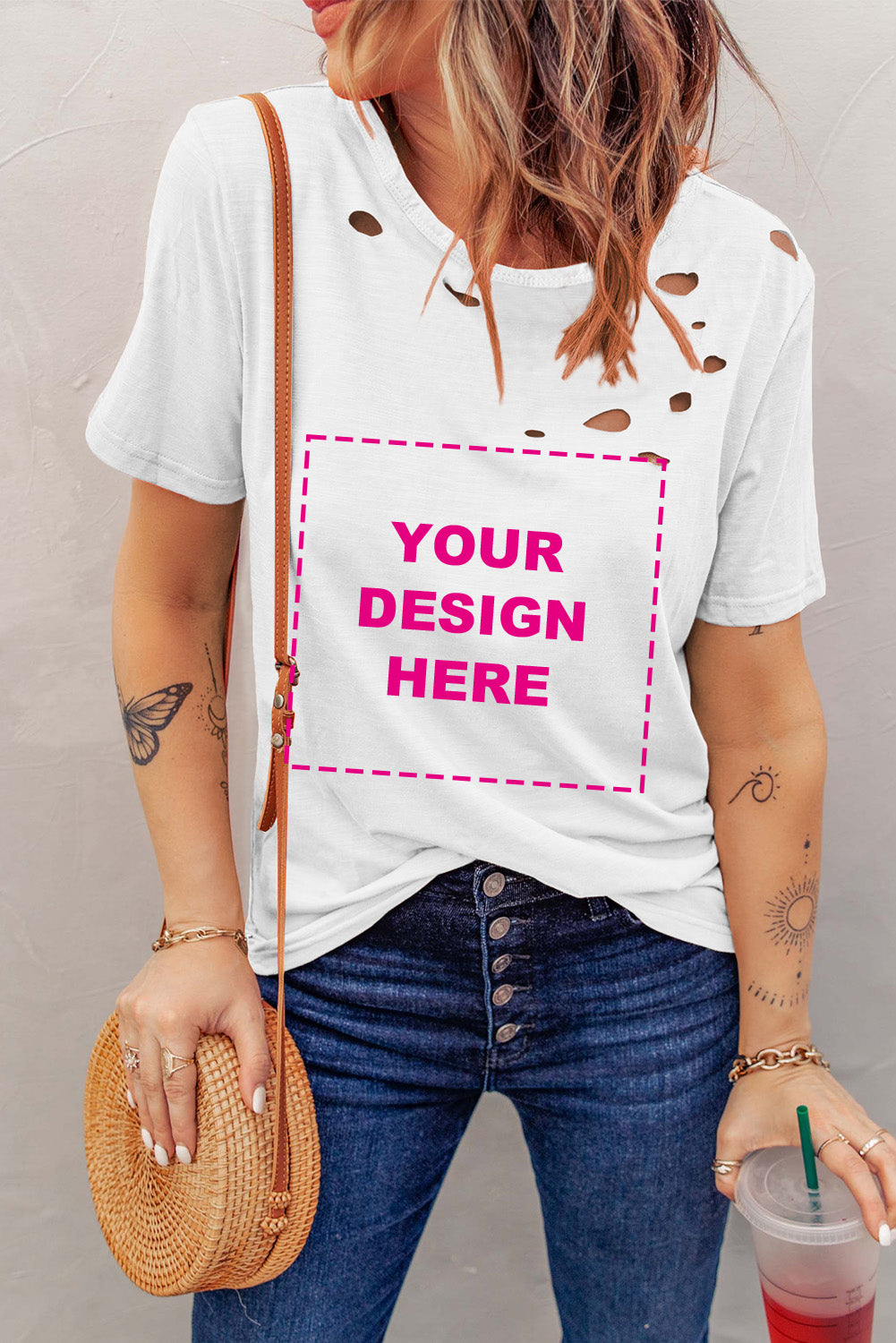 Camiseta mixta de algodón con cuello redondo y agujeros