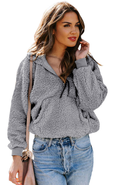 Sweat-shirt à capuche zippé 1/4 en sherpa avec kangourou