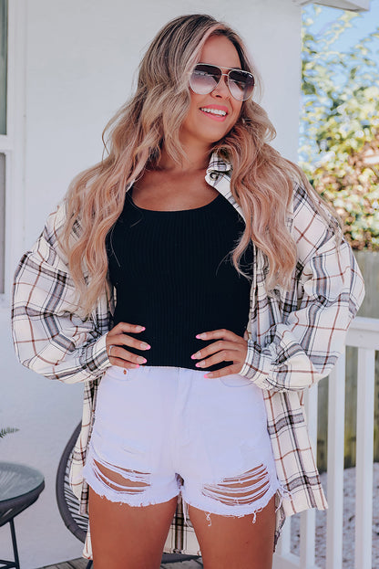 Oversized Plaid Pattern Shacket with Slits