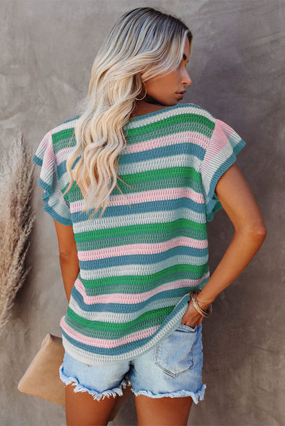 Top de punto de manga corta con volantes a rayas multicolor