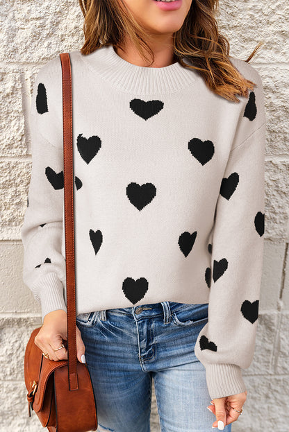 Heart Pattern Ribbed Trim Knit Sweater
