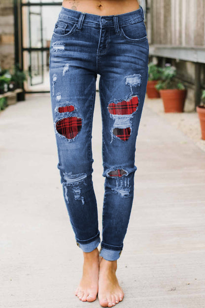 Patches Of Leopard Denim Distressed Jeans