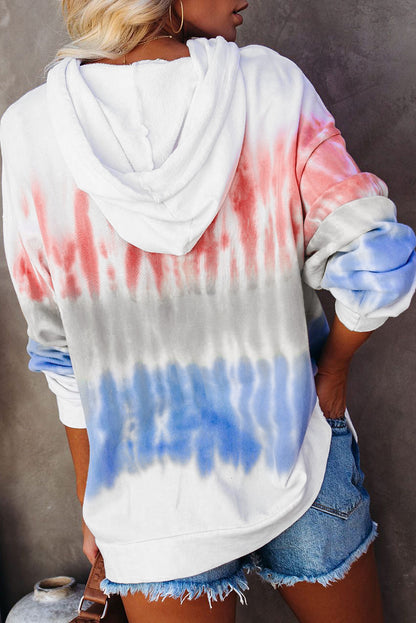 Multicolor Colorblock Tie-dye Drawstring Pullover Hoodie